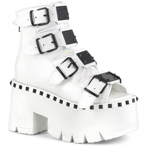 Demonia Ashes 70 - Chunky Heel Trim Accented Cut Out Platform Women Ankle Boots White USA | UQ8-98399R6