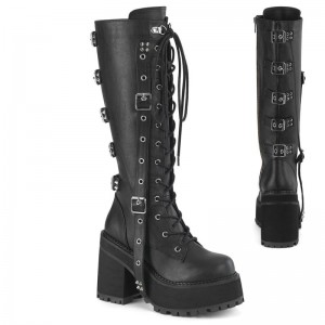 Demonia Assault 218 - Heel Cleated Platform Lace Up Women Knee-High Boots Black USA | RJ6-86118M6