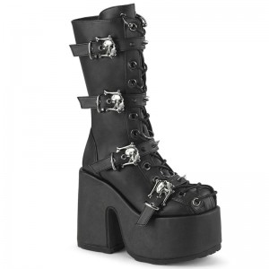 Demonia Camel 115 - Heel Platform Corset Lace Up Women Mid-Calf Boots Black USA | WI8-03560V9