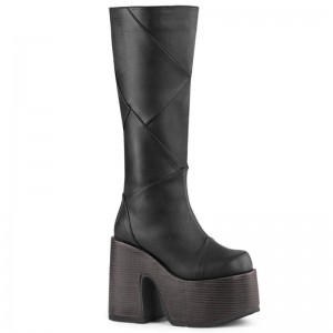 Demonia Camel 280 - Heel Faux Wood Wrapped Platform Patchwood Women Knee-High Boots Black USA | EC1-18391U8