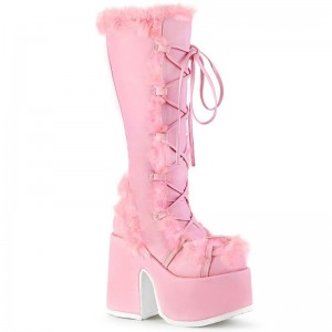 Demonia Camel 311 - Chunky Heel Platform Lace Up Women Knee-High Boots Pink USA | VF8-32763O0