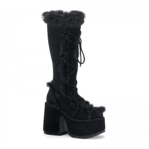 Demonia Camel 311 - Platform Faux Fur Lining and Upper Detail Women Knee-High Boots Black USA | SM8-83298E9