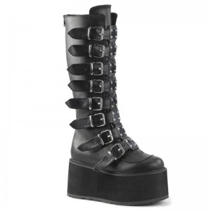 Demonia Damned 318 - Platform Buckle Strap Women Knee-High Boots Black USA | HH7-96149J4