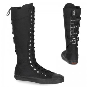 Demonia Deviant 303 - Punk Goth Skater Canvas 4 Calf Buckle Knee Boot Women Sneakers Black USA | SY1-66576S1