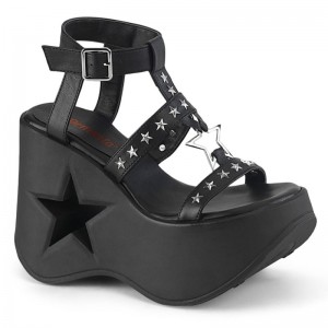 Demonia Dynamite 12 - Star Cutout Platform Wedge Wrap Around Ankle Strap Strappy Women Sandals Black USA | BX1-98049B8