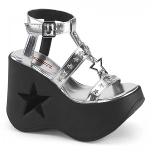 Demonia Dynamite 12 - Star Cutout Platform Wedge Wrap Around Ankle Strap Strappy Women Sandals Silver USA | BA5-28002Q5