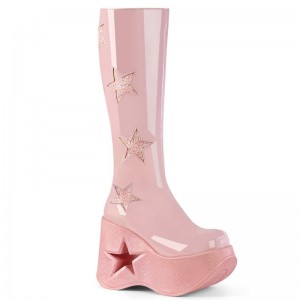 Demonia Dynamite 218 - Star Cutout Platform Wedge Women Knee-High Boots Pink / Pink Multicolor USA | KS0-18061Z2