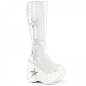 Demonia Dynamite 218 - Star Cutout Platform Wedge Women Knee-High Boots White / White Multicolor USA | UH0-75907V4