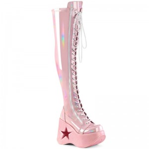 Demonia Dynamite 300 - Star Cutout Platform Wedge Lace Up Stretch Women Over-The-Knee Boots Pink USA | WJ3-67366D8