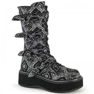 Demonia Emily 322 - Platform Lace Up Women Mid-Calf Boots Black / Silver USA | BB2-95259U0