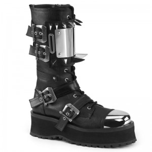 Demonia Gravedigger 250 - Platform Silver Chrome Plated Metal Toe Cap Lace Up Women Mid-Calf Boots Black USA | ZN7-40804U5