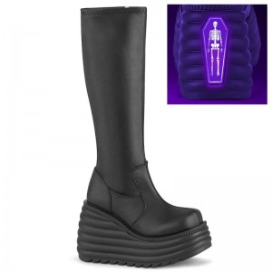 Demonia Morte 300 - Wedge Platform Stretch Women Knee-High Boots Black USA | RH3-41104Z9