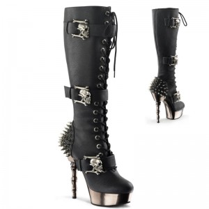 Demonia Muerto 2028 - Finger Bone Heel Platform Lace Up Women Knee-High Boots Black USA | CB1-34883R6