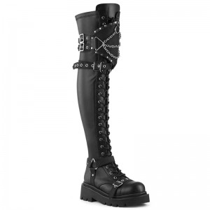 Demonia Renegade 320 - Tiered Platform Lace Up Women Over-The-Knee Boots Black USA | EY9-25502V6