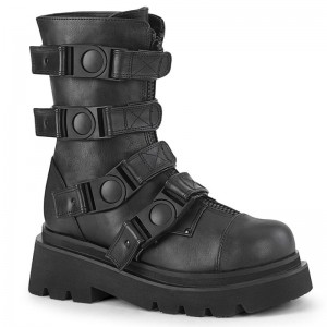 Demonia Renegade 55 - Tiered Platform Strappy Calf High Women Ankle Boots Black USA | PC4-31723O4