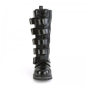 Demonia Riot 18bk - Eyelet Leather Steel Toe Lace Up 5 Buckle Women Knee-High Boots Black USA | NK6-54075T5