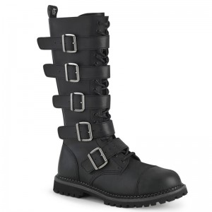 Demonia Riot 18bk - Eyelet Vegan Steel Toe Lace Up 5 Buckle Women Knee-High Boots Black USA | JC7-01210T9