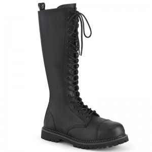 Demonia Riot 20 - Eyelet Vegan Steel Toe Lace Up Women Knee-High Boots Black USA | SM2-91409N6