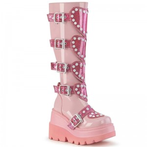 Demonia Shaker 210 - Wedge Platform Platform Women Knee-High Boots Pink USA | GE7-89728M9