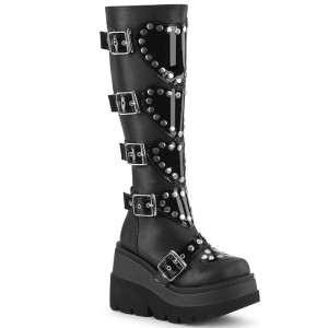 Demonia Shaker 210 - Wedge Platform Platform Women Knee-High Boots Black USA | UQ2-73667H6