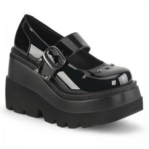 Demonia Shaker 23 - Wedge Platform Buckle Strap Women Mary Janes Black / Black USA | OH2-83608E3