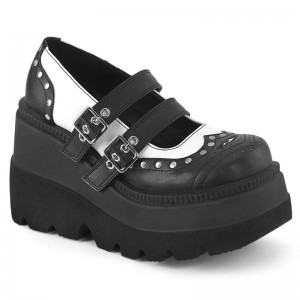 Demonia Shaker 27 - Wedge Platform Double Buckle Strap Wingtip Women Mary Janes Black / White USA | IQ1-02760P9