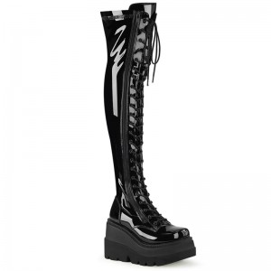 Demonia Shaker 374 - Wedge Platform Lace Up Stretch Women Over-The-Knee Boots Black USA | GO4-05130A7