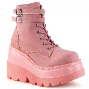 Demonia Shaker 52 - Wedge Platform Lace Up Women Ankle Boots Pink USA | DJ3-47764L6