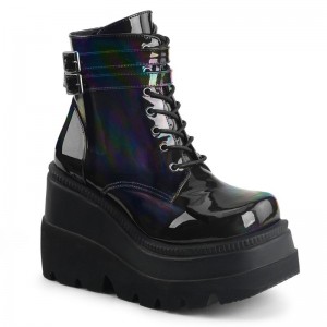 Demonia Shaker 52 - Wedge Platform Lace Up Women Ankle Boots Black / Blue USA | DR8-21692B6