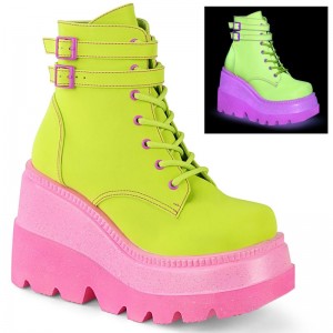 Demonia Shaker 52 - Wedge UV Blacklight Reactive Platform Lace Up Women Ankle Boots Light Green / Pink USA | AW2-43944Z2