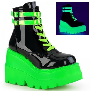 Demonia Shaker 52 - Wedge UV Blacklight Reactive Platform Lace Up Women Ankle Boots Black / Green USA | PU8-04080R1