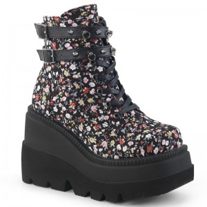 Demonia Shaker 52st - Wedge Platform Lace Up Women Ankle Boots Flower USA | IK9-15541R5