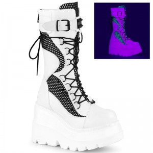 Demonia Shaker 70 - Wedge Platform Lace Up Women Mid-Calf Boots White / Black USA | PM9-30983Q7