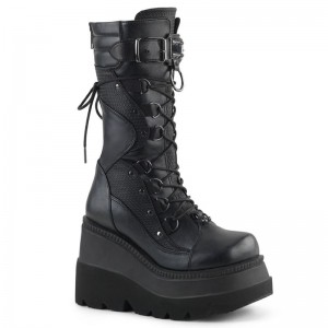 Demonia Shaker 70 - Wedge Platform Lace Up Women Mid-Calf Boots Black USA | MO8-33333N3