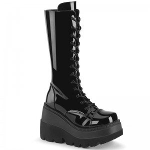 Demonia Shaker 72 - Wedge Platform Lace Up Women Mid-Calf Boots Black / Black USA | BG3-31103X0