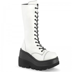 Demonia Shaker 72 - Wedge Platform Lace Up Women Mid-Calf Boots White USA | UX9-80848V7