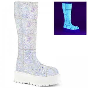 Demonia Slacker 230 - Platform UV Blacklight Reactive Women Knee-High Boots White Multicolor USA | XS4-86558E5