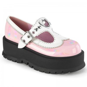 Demonia Slacker 23 - Platform Heart Studded T-Stap Women Mary Janes Pink / White USA | IP8-57325G1