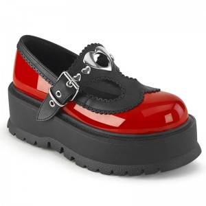 Demonia Slacker 23 - Platform Heart Studded T-Stap Women Mary Janes Red / Black USA | EE3-11581W6