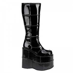 Demonia Stack 301 - Platform Goth Cyber Gogo Punk Patched Women Knee-High Boots Black / Black USA | NT2-52465T6