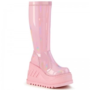 Demonia Stomp 200 - Wedge Platform Stretch Women Knee-High Boots Pink USA | NZ2-74927M5