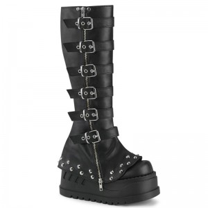 Demonia Stomp 223 - Wedge Bell Bottom Draped Platform Women Knee-High Boots Black USA | UL8-75897B4