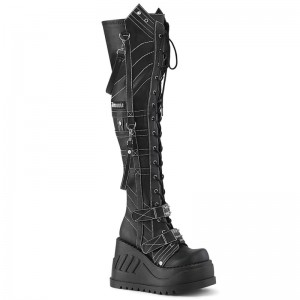 Demonia Stomp 310 - Wedge Platform Stretch Lace Up Women Over-The-Knee Boots Black USA | IJ5-32683A5