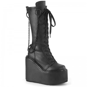 Demonia Swing 150 - Wedge Platform Lace Up Stretch Women Knee-High Boots Black USA | QS7-03280Y2