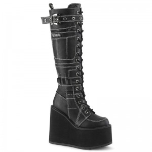 Demonia Swing 260 - Wedge Platform Lace Up Women Knee-High Boots Black USA | WA5-59835B5