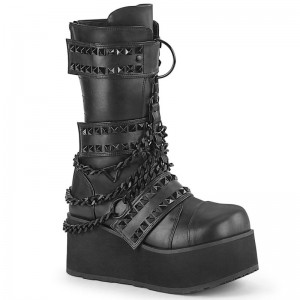 Demonia Trashville 138 - Platform Pyramid Studded Triple Hook and Loop Strap Women Mid-Calf Boots Black USA | EM8-69876G0