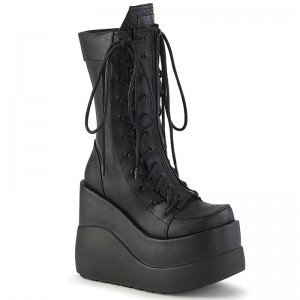 Demonia Void 118 - Wedge Tiered Platform Outside & Inside Lace Up Women Mid-Calf Boots Black USA | ZF9-54145F0