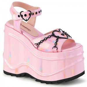 Demonia Wave 09 - Wedge Platform Heart Buckle Ankle Strap Women Sandals Pink USA | XL6-89948F6