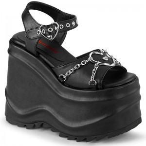 Demonia Wave 09 - Wedge Platform Heart Buckle Ankle Strap Women Sandals Black / Black USA | MT3-49414S4