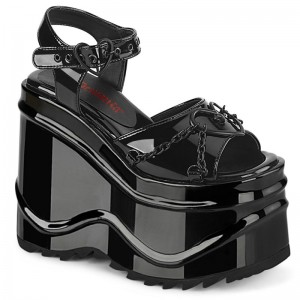 Demonia Wave 09 - Wedge Platform Heart Buckle Ankle Strap Women Sandals Black USA | AG3-77917J4